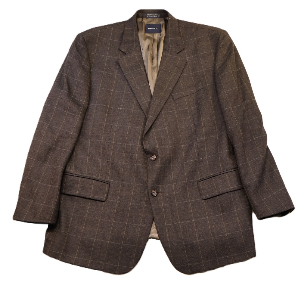 Nautica Mens 46R Blazer Brown Lambswool Plaid Herringbone Sport Coat M738